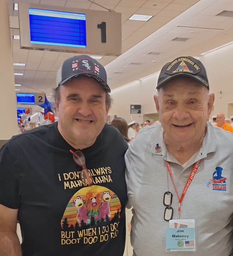 Mike Maloney (right) of Diamond, retired from the United States Postal Service in November after nearly 42 years of service. He's pictured with his father Jim Maloney of Joliet during Jim Maloney's. Honor Flight Chicago in 2025. Jim Maloney also retired from the United States Postal Service, in 1987 after 34 years of service.