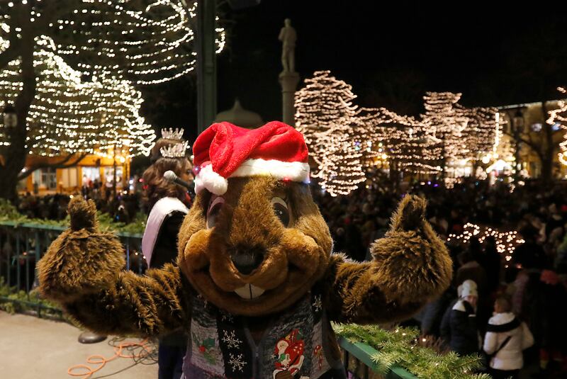 Woodstock Willer celebrates the Lighting of the Square Friday, Nov. 29, 2024, in Woodstock. The annual holiday season event featured brass music, caroling, free doughnuts and cider, food trucks, festive selfie stations and shopping.