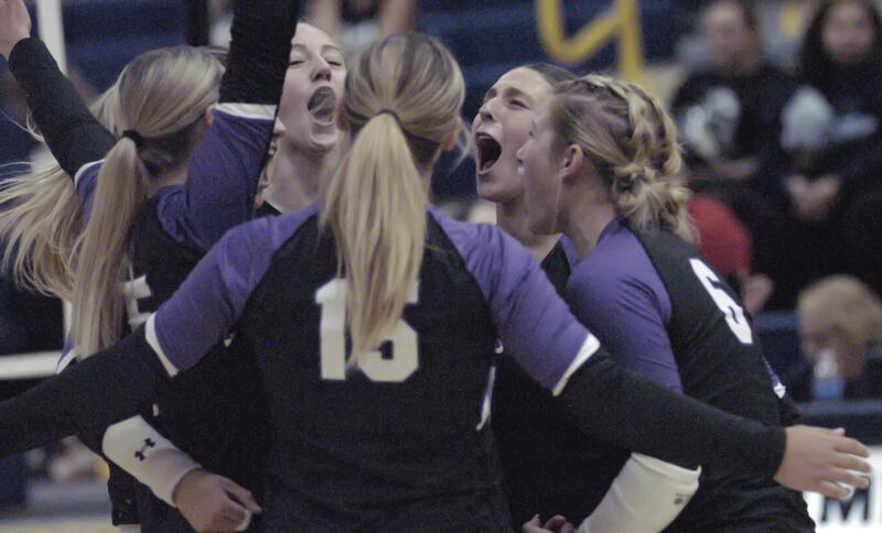 Dixon Duchesses celebrate their win over Sterling. Sterling hosted Dixon in Volleyball on August 26, 2025 at Musgrove Fieldhouse.