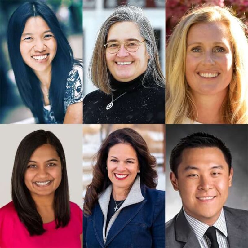 Top from left, Erin Chan Ding, Sandra Ficke-Bradford, Katie Karam and bottom from left, Harathi K. Srivastava, Deanna Stern and Steve Wang are Barrington Area Unit District 220 candidates in the April 2025 election.