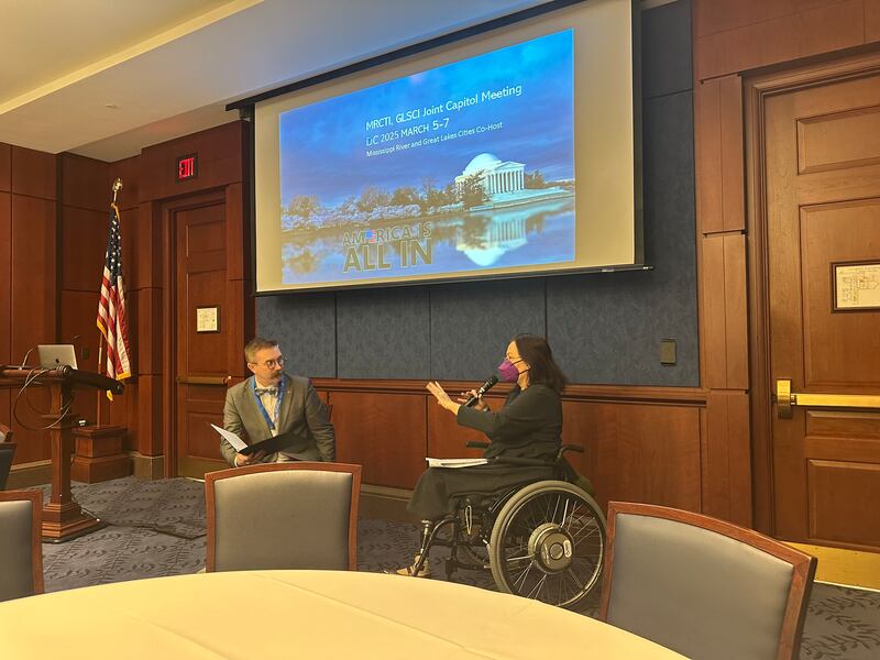 Ottawa Mayor Robb Hasty moderates a fireside chat with Senator Tammy Duckworth during the joint meeting of the Mississippi River Cities and Towns Initiative and the Great Lakes and St. Lawrence Cities Initiative in Washington D.C. on Thursday.