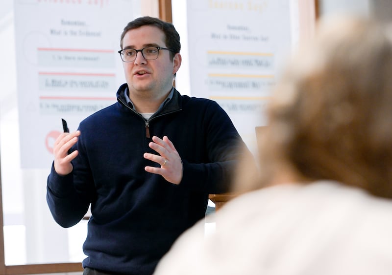 Geneva High School Social Studies Dept. Chair Lucas Rojas who received a $5,000 grant from the Jack Miller Center for the creation of a Wall of Honor for GHS veterans teaches a Government class on Monday, Feb 2, 2026 in Geneva.