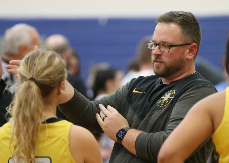Putnam County head girls basketball coach Jared Sale talks to his players during a game against Princeton during the Princeton Holiday Girls Basketball Tournament on Tuesday, Nov. 19, 2024 at Princeton High School.