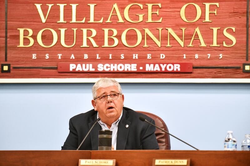Bourbonnais Mayor Paul Schore speaks during the Bourbonnais village board meeting on Oct. 7, 2024.