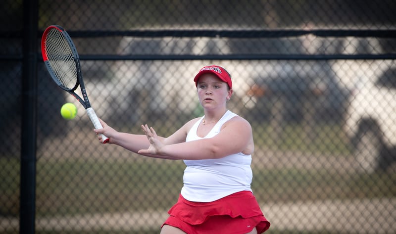 Bradley-Bourbonnais' Mary Claire Dwyer makes a return hit in a match against Kankakee's Charisma Hill on Wednesday, September 10, 2025.