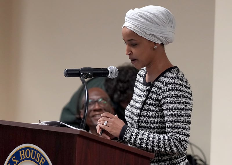 Rep. Ilhan Omar, D-Minn., speaks during a town hall in Minneapolis, Tuesday, Jan. 27, 2026. (Richard Tsong-Taatarii/Star Tribune via AP)