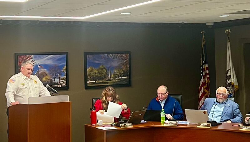 Sterling Deputy Fire Chief David Northcutt presents recommendations for the purchase of a new fire truck with aerial ladder during a City Council meeting on March 3, 2025.