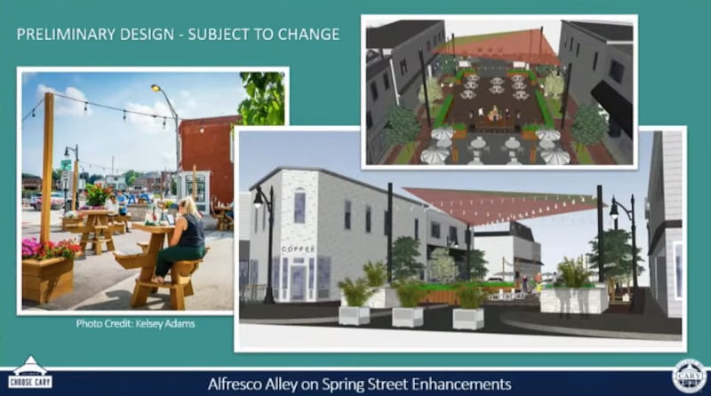 Renderings of possible Alfresco Alley design updates for downtown Cary.