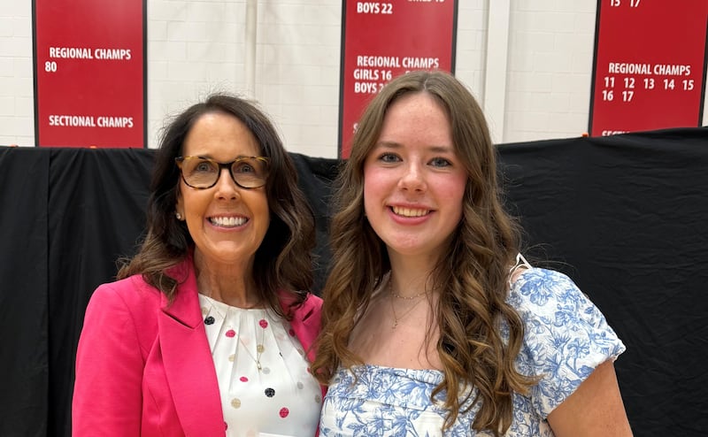President of The First National Bank in Amboy Colleen Henkel (left) is pictured with Kenley Wilson, Amboy High School's student of the year winner.
