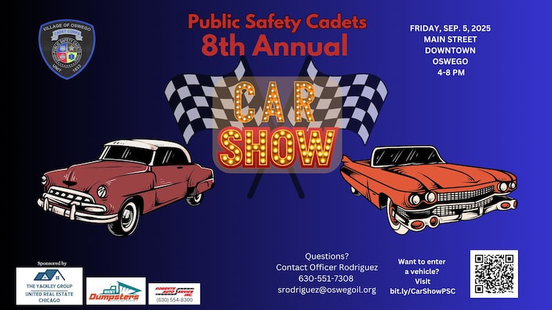 The Oswego Police Public Safety Cadet Corps Unit #1833 will host its 8th annual car and truck show on Main Street in downtown Oswego from 4 to 8 p.m. Friday, Sept. 5, 2025.