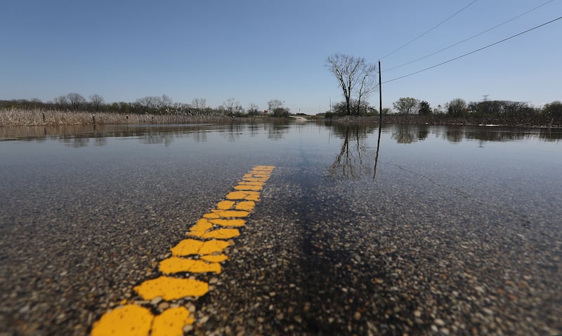 A flooded River Road as flooding continues on the Fox River on Wednesday, April 22, 2026.