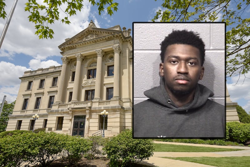 Quinyatta L. Hutchinson, 23, of the 900 block of Crane Drive, DeKalb, is charged with grooming and aggravated criminal sexual abuse, a class 2 felony. If convicted, he could face up to seven years in jail. (Inset photo provided by DeKalb County Jail, building photo by Shaw Local News Network)
