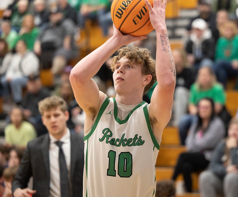 Rock Falls’ Kuitim Heald puts up a shot against Oregon Wednesday, Feb. 26, 2025, at the Class 2A Regional semifinal at Bureau Valley High School.
