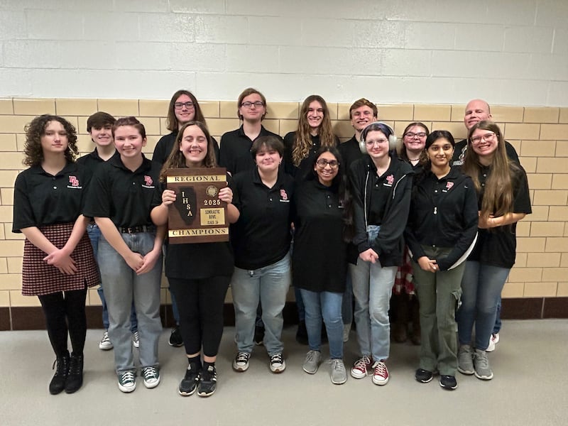 The BBCHS Scholastic Bowl team poses with an award after an IHSA Class 2A Scholastic Bowl regional hosted at Bradley-Bourbonnais Community High School on March 10, 2025. BBCHS went 3-0 to win their first regional championship since 2017.