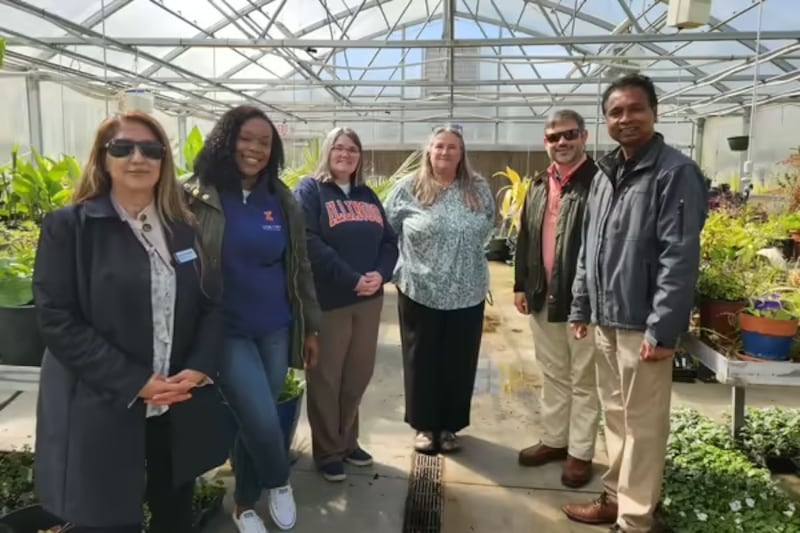 Members of the University of Illinois Extension senior leadership team visit partnership sites across Joliet on April 20, 2026. From left to right: Marilu Andon, county director), Durriyyah Kemp, associate director of Region 1), Amanda Cole, assistant director of strategy planning, and implementation), Nancy Kuhajda, horticulture educator), and Matthew Vann , associate dean and director of Illinois Extension), Shibu Kar, assistant dean and program leader for natural resources, environment, and energy.