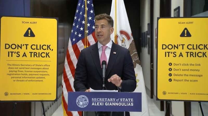 Illinois Secretary of State Alexi Giannoulias joined a chorus of state and suburban leaders Wednesday, March 25, 2026, warning the public of a deluge of text scams that arrive on targets’ phones disguised as official court or government communications.
