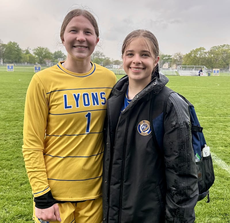 Anna Bigenwald (left) recorded five saves and Mia Anderson (right) scored in the 73rd minute as Lyons defeated Oswego 1-0 in a girls soccer match Thursday evening.
