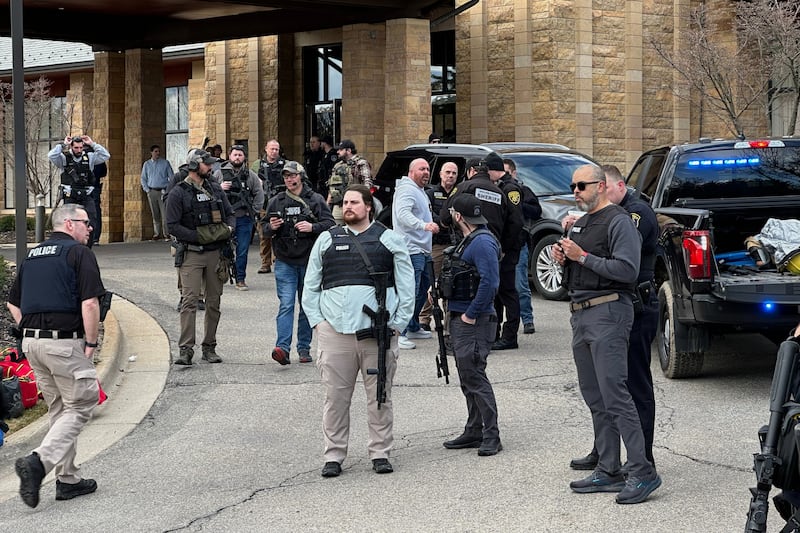 Law enforcement respond to a call at Temple Israel synagogue, Thursday, March 12, 2026 in West Bloomfield Township, Mich. (AP Photo/Corey Williams)