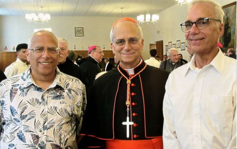 Newly elected Pope Leo XIV, center, with his older brothers Louis, left, and John, right, who is a retired Catholic school principal and lives in New Lenox.