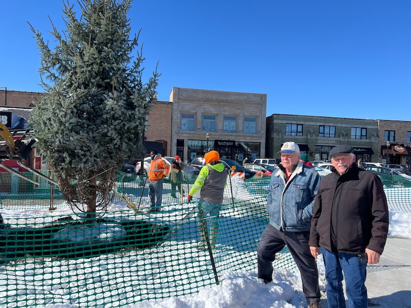 Jim Heisler (right) and his brother John Heisler stand by the newly installed Heisler holiday tree at Depot Park in Crystal Lake on March 17, 2026.