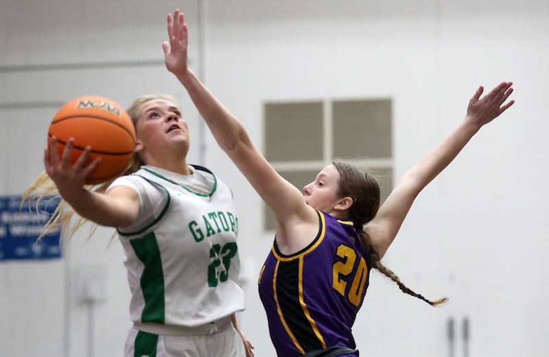 Crystal Lake South's Laken LePage shoots the ball around Wauconda's Ashley Maxwell during the Northern Illinois Holiday Classic Championship girl basketball game on Thursday, Dec. 18, 2025, at McHenry High School.