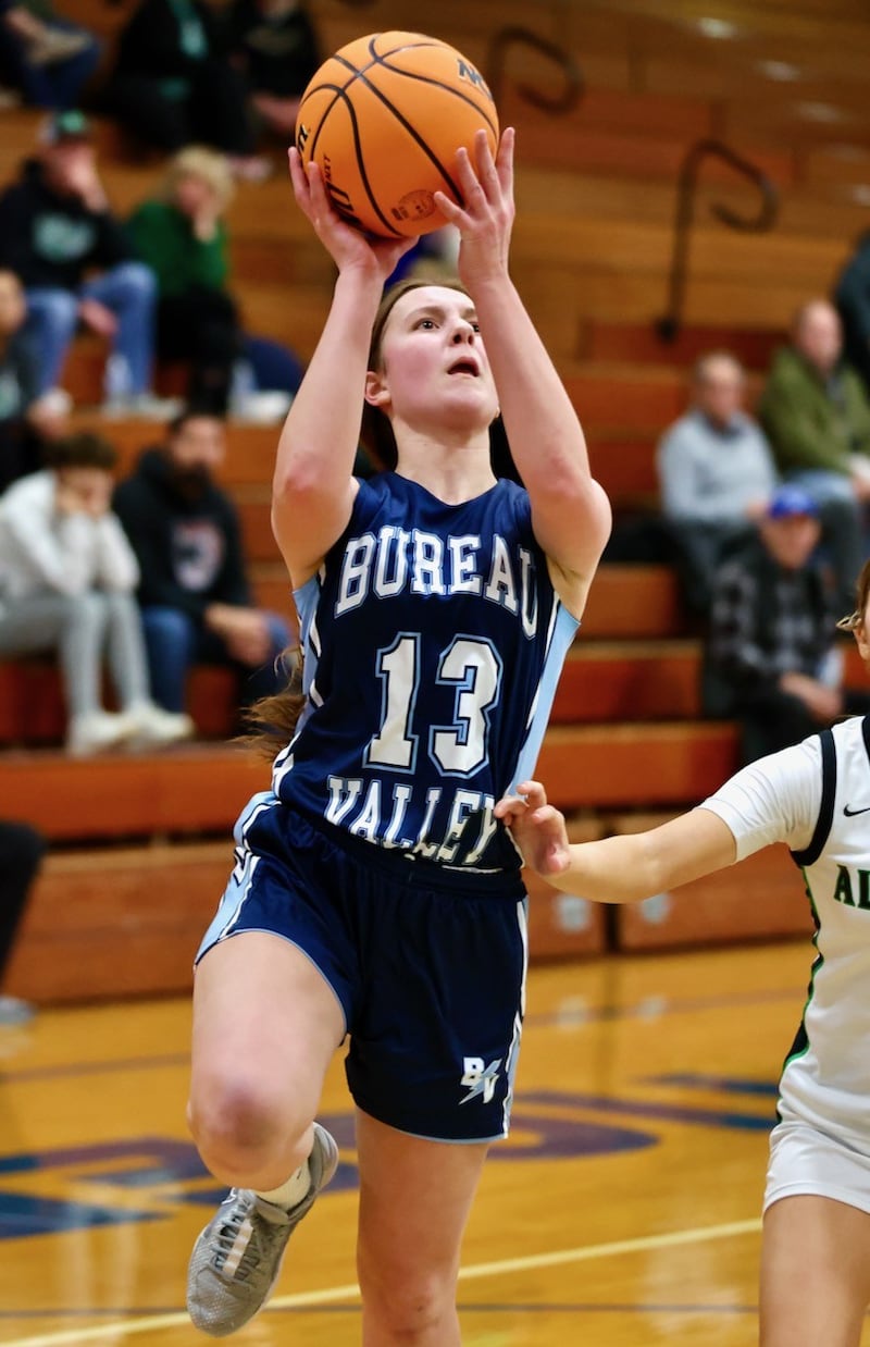 Bureau Valley's Libby Endress shoots a layup against Alleman in regional semifinal play Tuesday at Princeton.