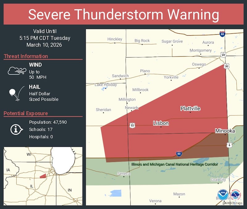 A severe thunderstorm warning has been issued for Grundy and Kendall counties.