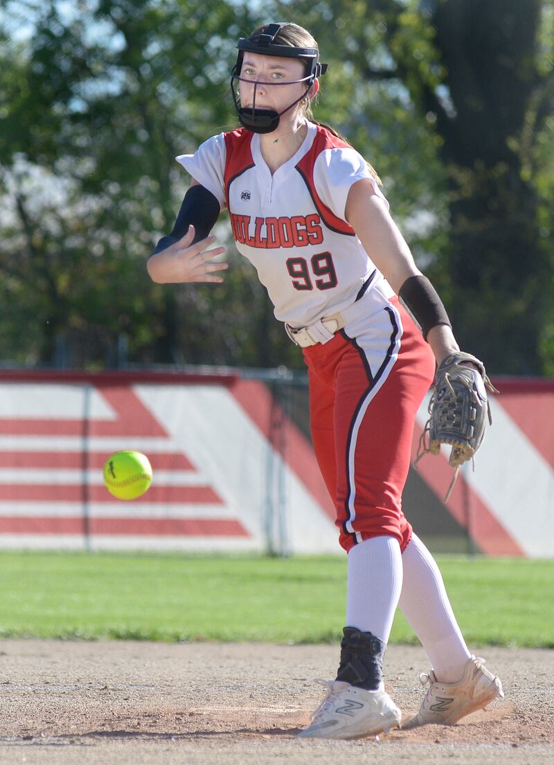 Streator starting pitcher Makenna Ondrey (99) lets go with a pitch against Lisle on Tuesday, May 6, 2025, in Streator.
