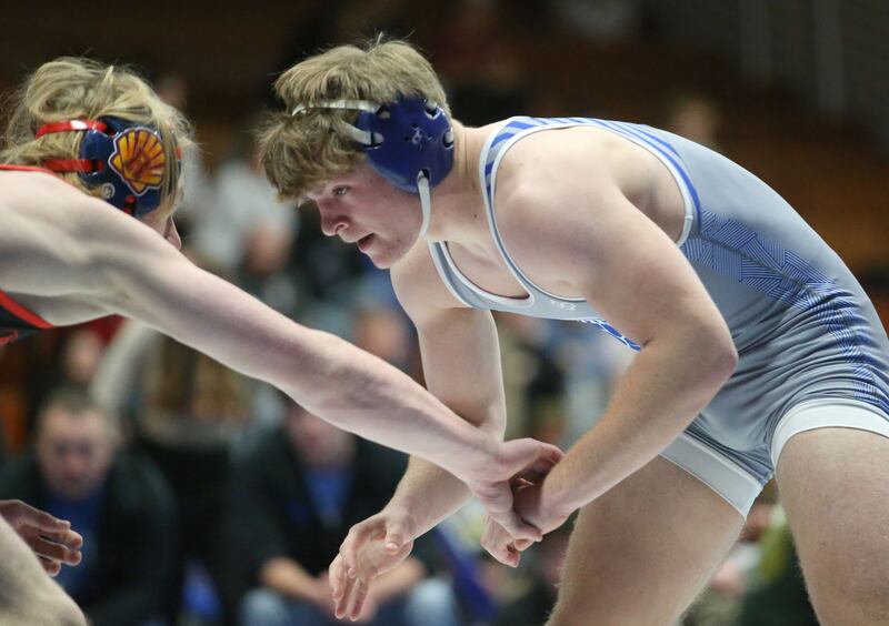 Princeton's Casey Etheridge wrestles Roxana's Lyndon Thies during the 61st annual Lyle King wrestling tournament on Saturday, Jan. 11, 2024 at Princeton High School.
