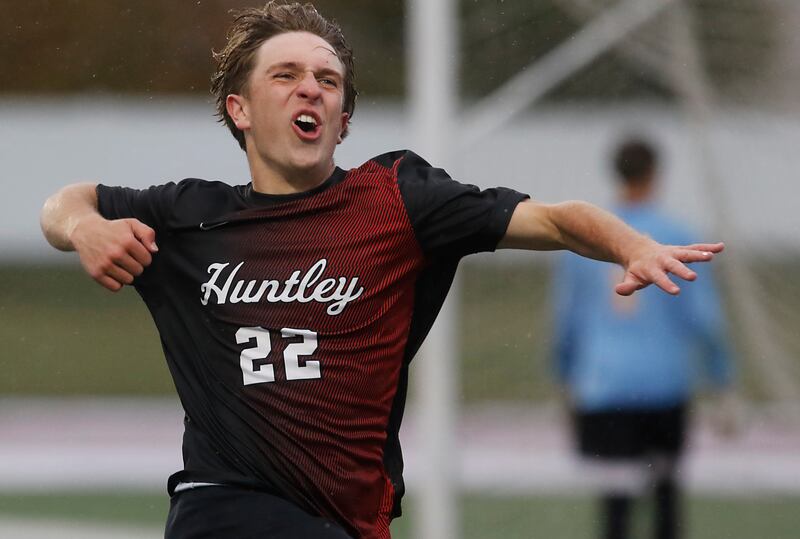 Huntley's Tyler Murray celebrates a penalty kick goal against Jacobs during an IHSA Class 3A Huntley Regional boys soccer semifinal match on Tuesday, Oct. 21, 2025, at Huntley High School.