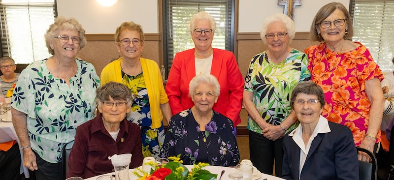 Members of the Sisters of St. Francis of Mary Immaculate in Joliet pose for a photograph. They are (back row, from left) Diane Stocum, Sisters Nadine Koza, Jeanne Bessette, Karen Berry, Kathleen Rossman; and front row (from left) Sisters Marie Miller, Martha Eckstein and Margaret Hoffman.