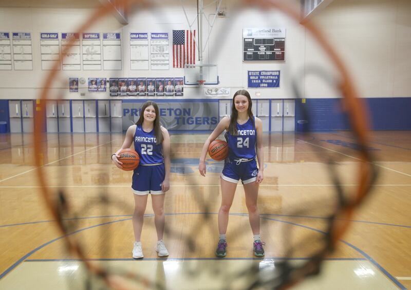 Princeton's Camryn Driscoll and Keighley Davis pose for a photo in Proudy Gym on Wednesday, March 12,, 2025. The girls are the 2024-2025 Bureau County Republican girls basketball players of the year.