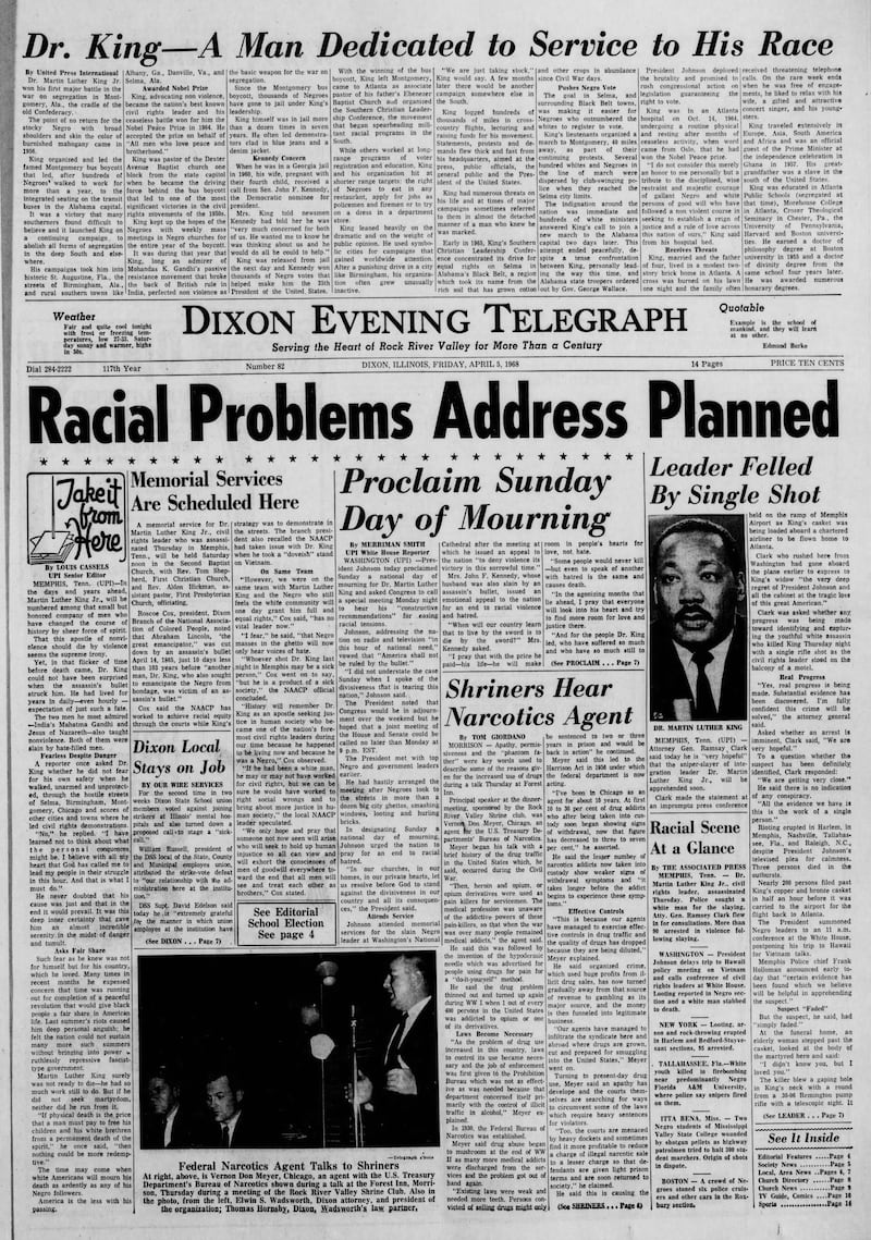 The cover of the Dixon Evening Telegraph for April 5, 1968