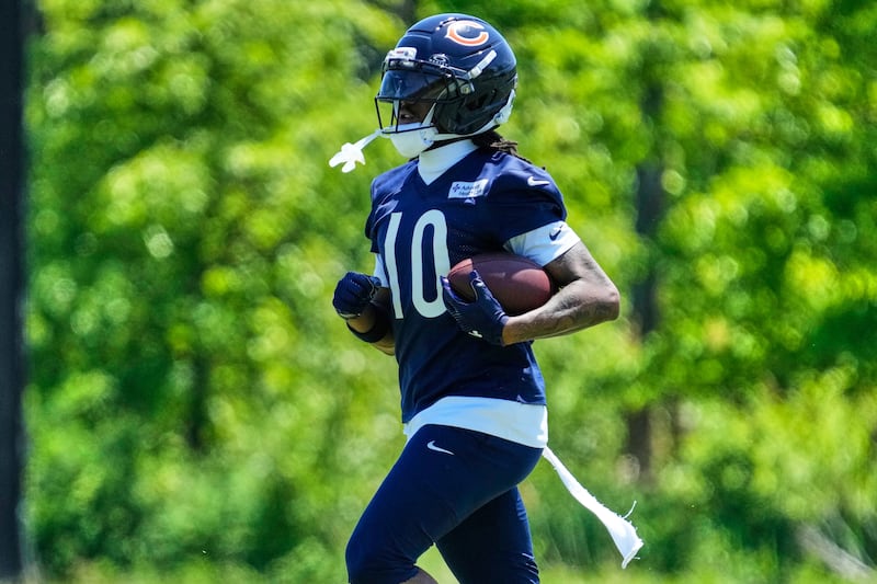 Chicago Bears wide receiver Luther Burden III runs on the field during the NFL football team's practice Thursday, May 28, 2026, in Lake Forest, Ill. (AP Photo/Nam Y. Huh)