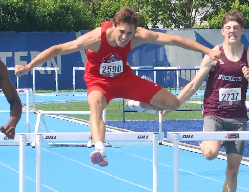 Ottawa's Joey Liebhart competes in the 300-meter hurdles during the IHSA State Track and Field championship on Saturday, May 30, 2026 in Charleston.