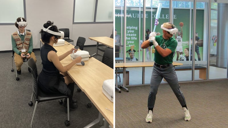 Kishwaukee College students use virtual reality headsets in the classroom and for athletics. The Kishwaukee College Foundation purchased the headsets through funding provided by a Meta Data Center Community Action Grant.