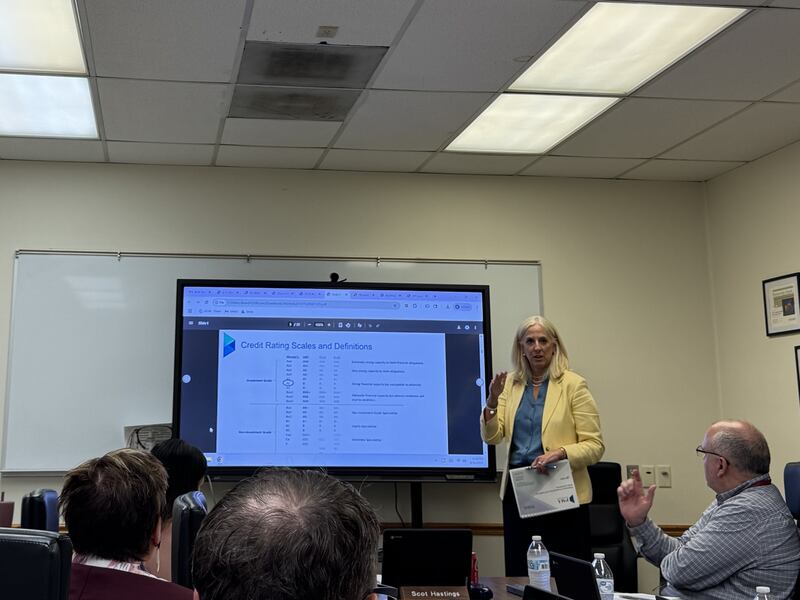 Tammie Beckwith Schallmo speaks with the Morris Community High School Board on Monday, Aug. 11, 2025.