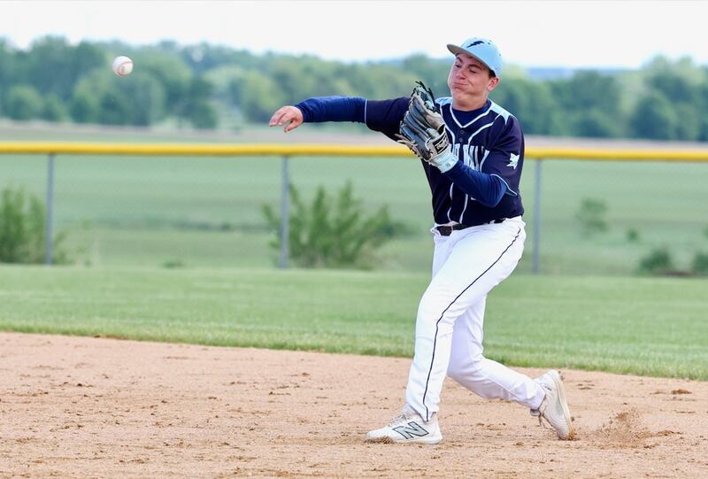 Bureau Valley senior second baseman Landon "Nacho" Smith gets his man at first in Thursday's regional semifinal game at Manlius. Orion won 6-0.