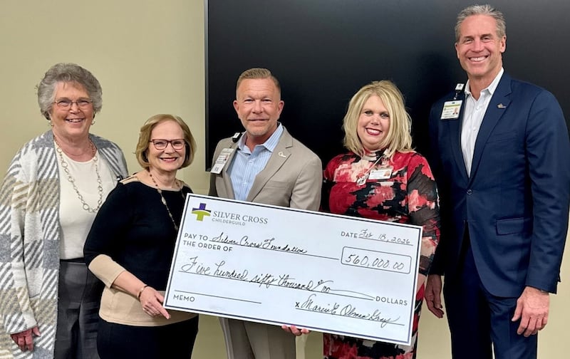 Childerguild presents a check for $560,000 to the Silver Cross Foundation to support women and children’s services at Silver Cross Hospital in New Lenox. Pictured from left are: Rita Larson, Childerguild president; Marcia Obman-Gray, Childerguild club treasurer; Michael Mutterer, Silver Cross Hospital president & CEO; Tracy Simons, Silver Cross Foundation executive director; and Scott Paddock, Silver Cross Hospital senior vice president of external affairs.
