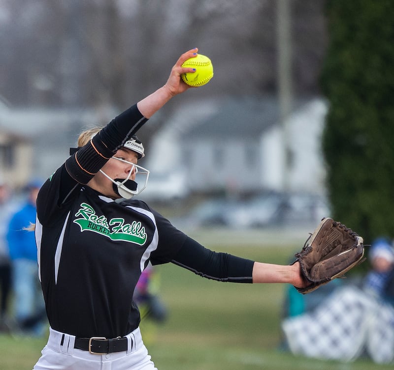 Rock Falls’ Zoey Silva winds up for a pitch against Princeton Thursday, March 27, 2025.