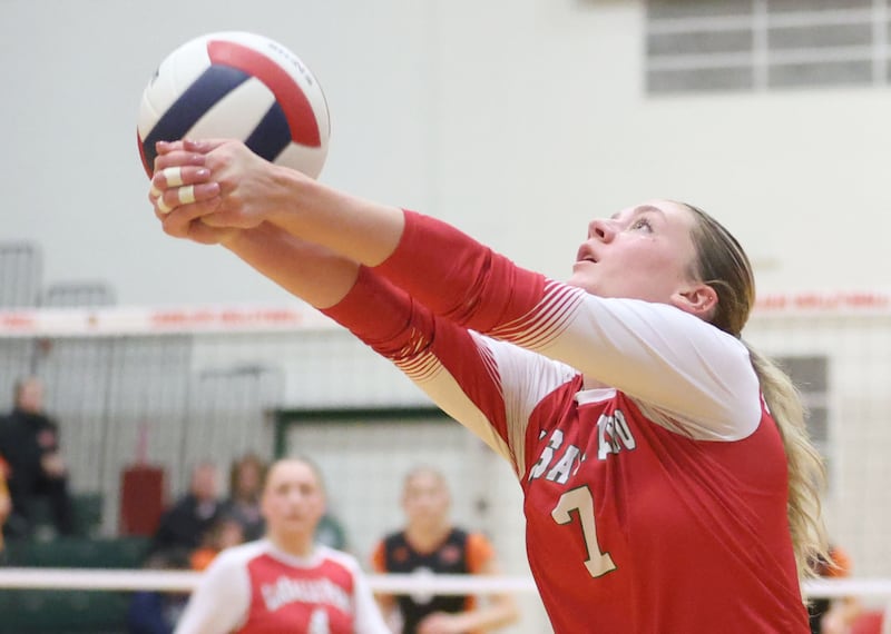 L-P's Aubrey Duttlinger saves the ball during the Class 3A Sectional final game on Thursday, Nov. 6, 2025 in Sellett Gymasium at L-P High School.