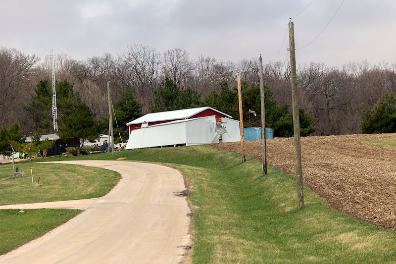 An out building is seen damaged on Lenox Road in rural Lee County Friday, April 3, 2026. Thursday evening storms caused a swath of damage across the area.