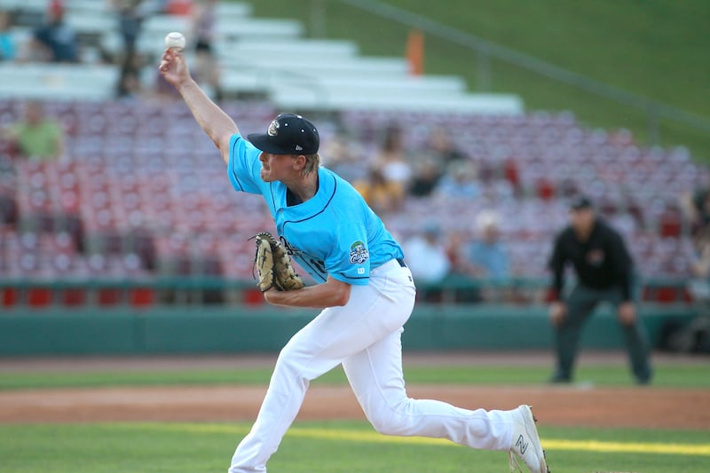 Westin Muir pitches for the Cougars during Shaw Media Night at the Kane County Cougars in Geneva on Wednesday, July 31, 2024.