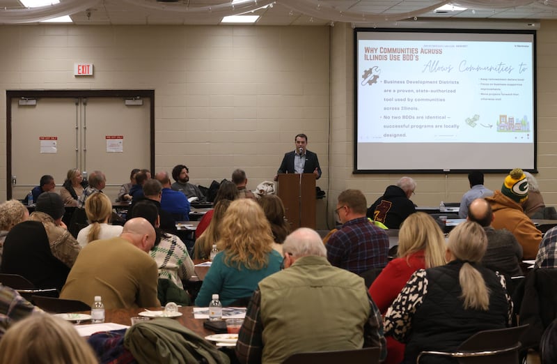 Cole McDaniel, president of Hometown Consulting in Peoria, gives a presentation during a Community Meeting of Business Development District on Tuesday, Jan. 27, 2026 at the Bureau County Metro Center in Princeton.