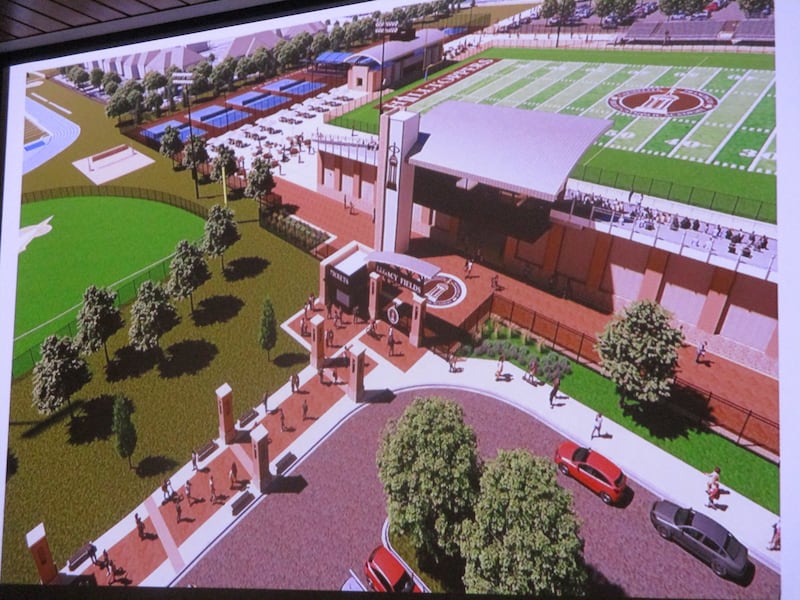An artist's rendering presented during a community meeting at Joliet Catholic Academy on Wednesday shows what a future on-campus stadium would look like.