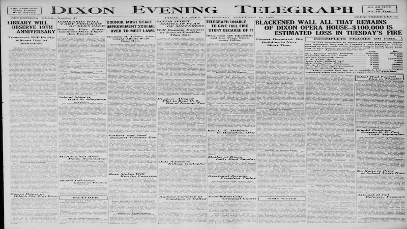 Historical covers for February 18: The fire at the Dixon Opera House