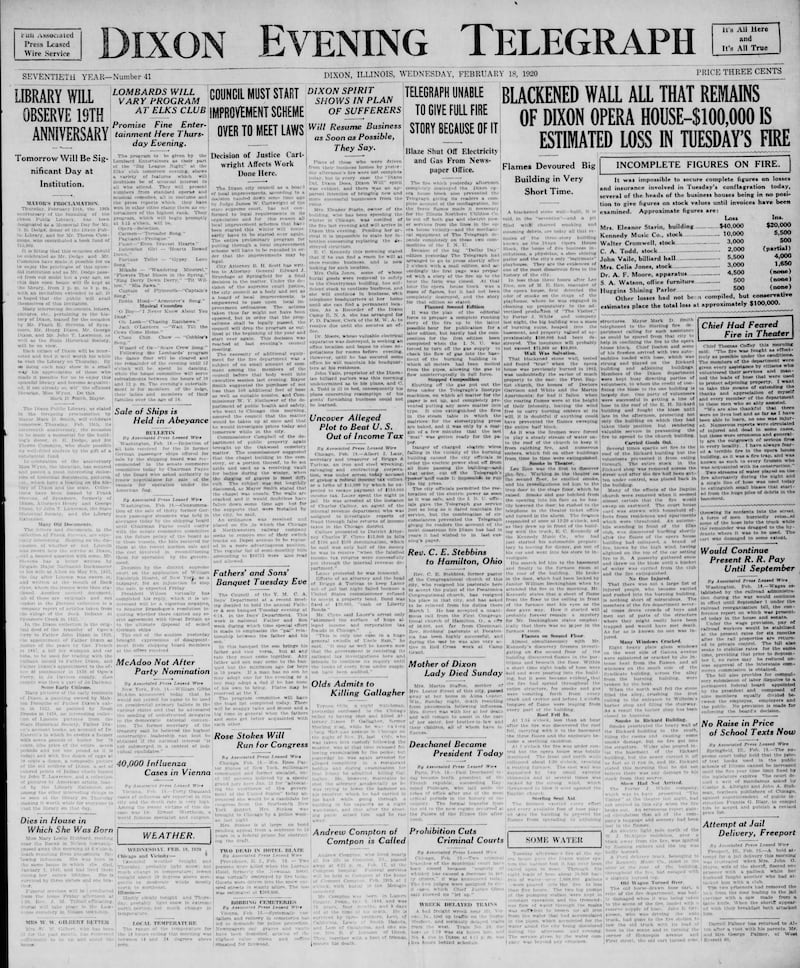 The Dixon Evening Telegraph cover for Feb. 18, 1920