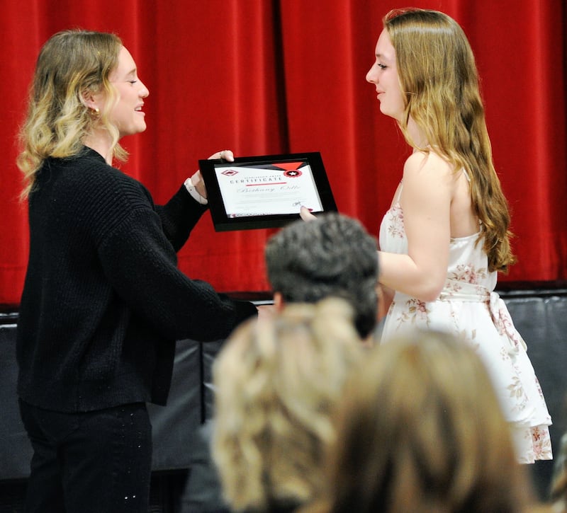 Indian Creek High School senior Bethany Odle receiving the 2026 Cordogan Clark and Associates “Built Environment” Scholarship