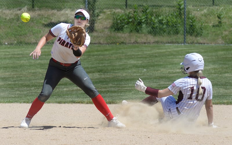 Ottawa’s Piper Lewis awaits the throw as Morris’s Macie Ferguson slides into 2nd base Saturday at Ottawa.