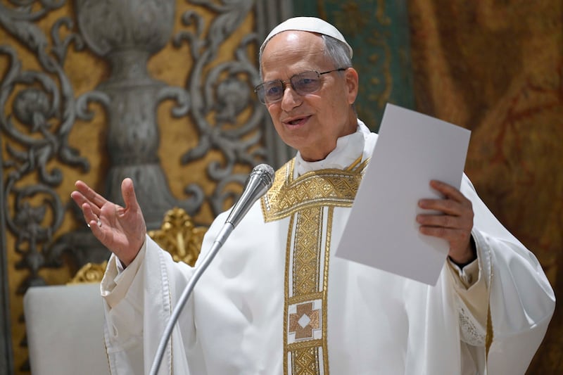 Newly elected Pope Leo XIV concelebrates Mass with the College of Cardinals inside the Sistine Chapel at the Vatican the day after his election as 267th pontiff of the Roman Catholic Church, Friday, May 9, 2025. (Vatican Media via AP)